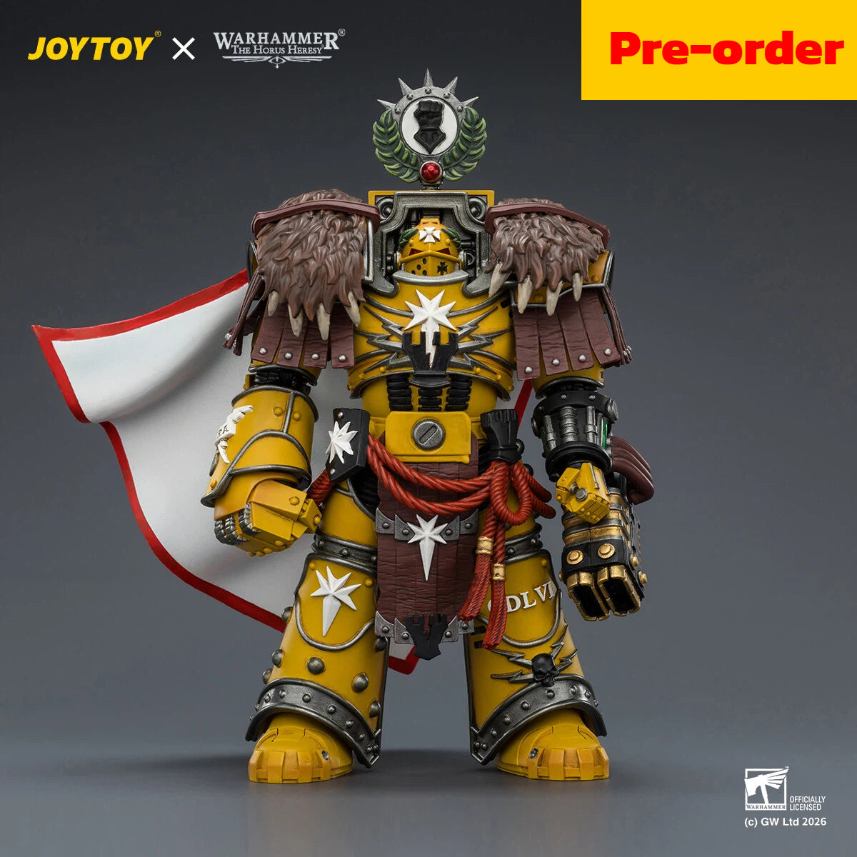 JOYTOY Warhammer The Horus Heresy Scale：1/18 Imperial Fists Lord Castellan Evander Garrius, The Tyrant of Cthonia with the Subjugator and Incineratus